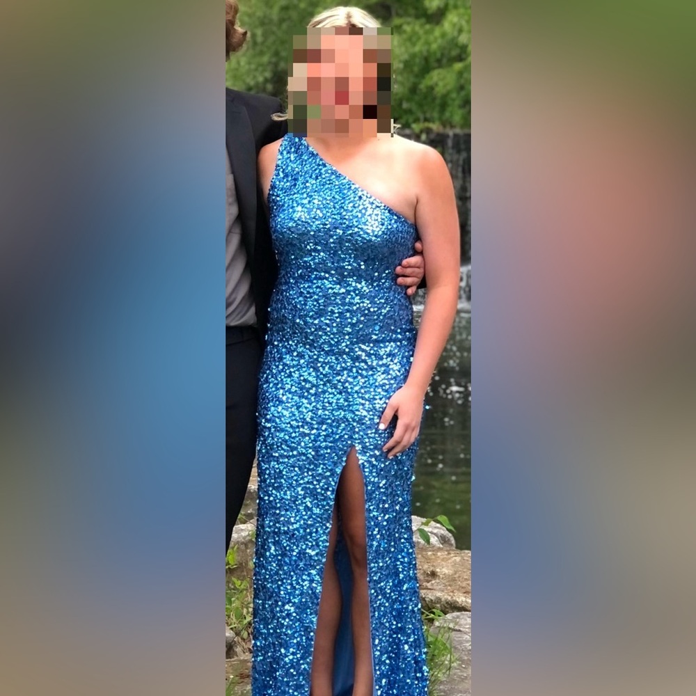 Sherri Hill bright blue sequined prom dress 8